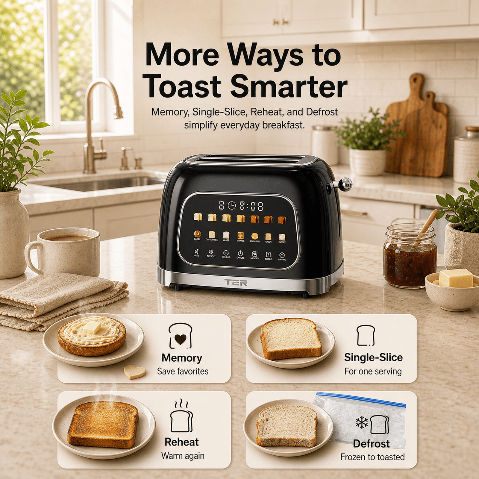 TER Smart 2-Slice Toaster with Touchscreen & Countdown Timer, 7 Bread Modes & 7 Browning Levels, Extra-Wide Slots for Bagels, Mute Mode, Modern Design