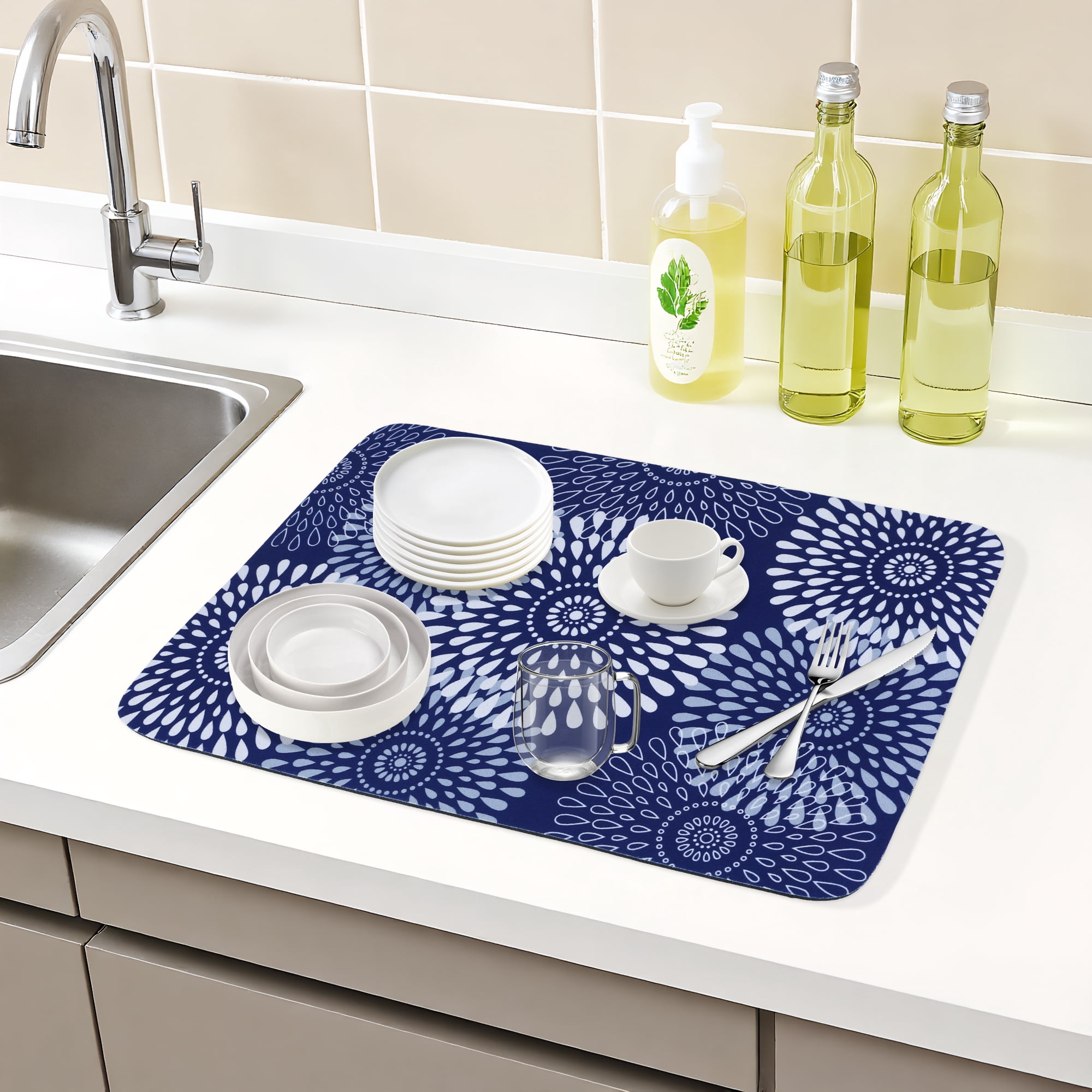 Unique Bargains Quick Dry Dish Drying Mats for Home Blue 15.7*11.8 inch