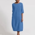 thumbnail image 2 of Women's Cotton Linen Dress Mid Sleeve Midi Casual Plus Size Tunic Dress Solid Linen Loose Casual Crewneck Long Dress, 2 of 7