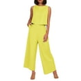 thumbnail image 1 of Conjunto de dos piezas de lino de color liso para mujer: top corto sin mangas con botones y pantalones de pierna ancha, tejido transpirable para el verano, 1 of 8