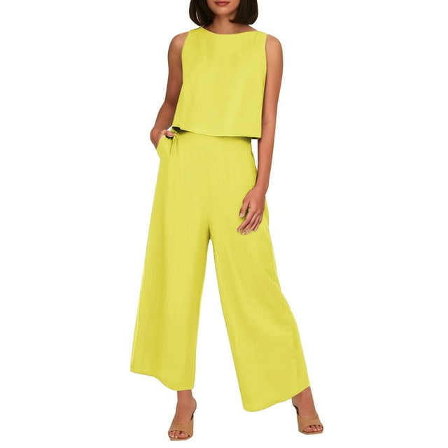 Conjunto de dos piezas de lino de color liso para mujer: top corto sin mangas con botones y pantalones de pierna ancha, tejido transpirable para el verano