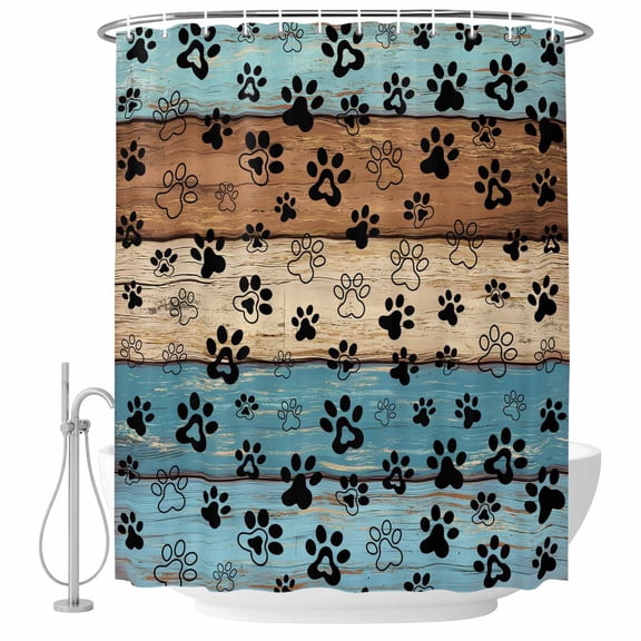 Polyester Fabric Light Blue Brown Shower Curtain, Rustic Farmhouse Dog Paw Vintage Waterproof Bathtub Curtain Bathroom Decor Set with Hooks 72 x 72 Inches