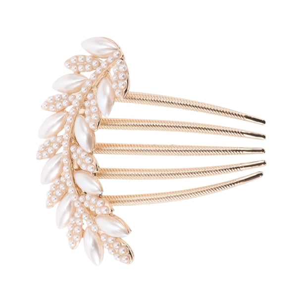 1 Pc Peine Insertado para Mujeres con Hojas para Cabello Lacio y Grueso, Tono Dorado, Aleación Blanca, Perla Sintética