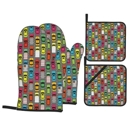

Oven Mitts and Pot Holders Sets 4 pcs - colorful cars Heat Resistant Silicone Oven Gloves with Non-Slip Silicone Surface and hot pads for kitchen Baking Cooking BBQ