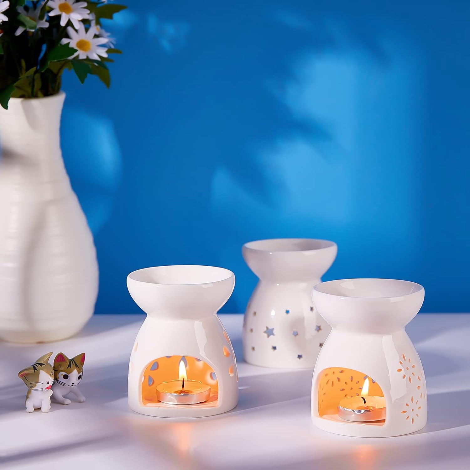 3pcs Hollowing Ceramic Aroma Burner for Fragrance and Aromatherapy Fireworks/Peach Blossoms/Stars Hollowing Pattern Essential Oil Incense Aroma Burner Oil Lamps Tealight Candle Holder DIYDIY