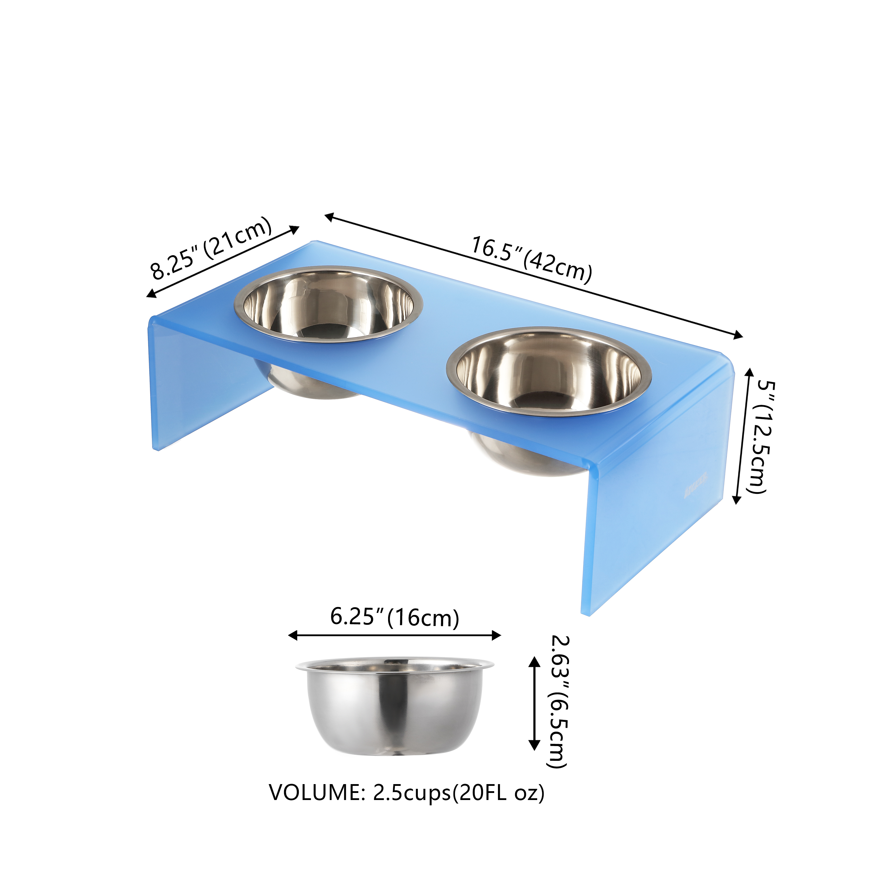 THE LICKER STORE Keaton 5" Small/Medium Modern Acrylic Rectangular Elevated Pet Feeder with 20oz 2-Stainless Steel Bowls, Blue/Chrome, DBL2000C