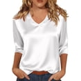 thumbnail image 3 of 3/4 Sleeve V Neck Women's Blouses Silk Satin Casual Dressy Tops Loose Fit Lightweight Soft Breathable Business Work Shirts, #02 White, M, 3 of 7