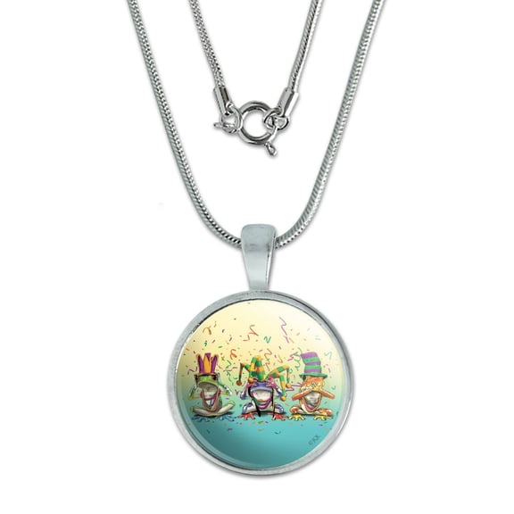 Party Frogs Mardi Gras See No Evil Hear Speak 0.75" Pendant with Sterling Silver Plated Chain