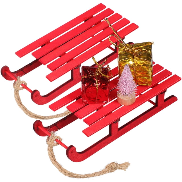 2 adornos navideños de trineo en miniatura de madera, estilo vintage, colgantes navideños.