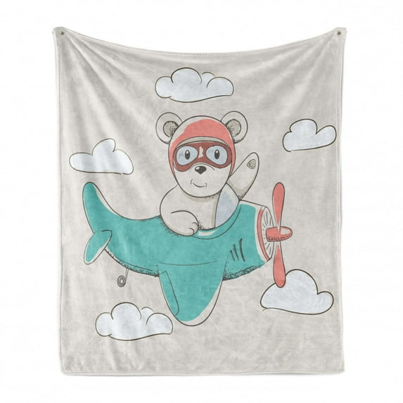 Adventure Cartoon Soft Flannel Fleece Throw Blanket, Bear Flying in the Sky Among the Clouds on Biplane, Cozy Plush for Indoor and Outdoor Use, 50" x 60", Pale Mauve Seafoam, by Ambesonne