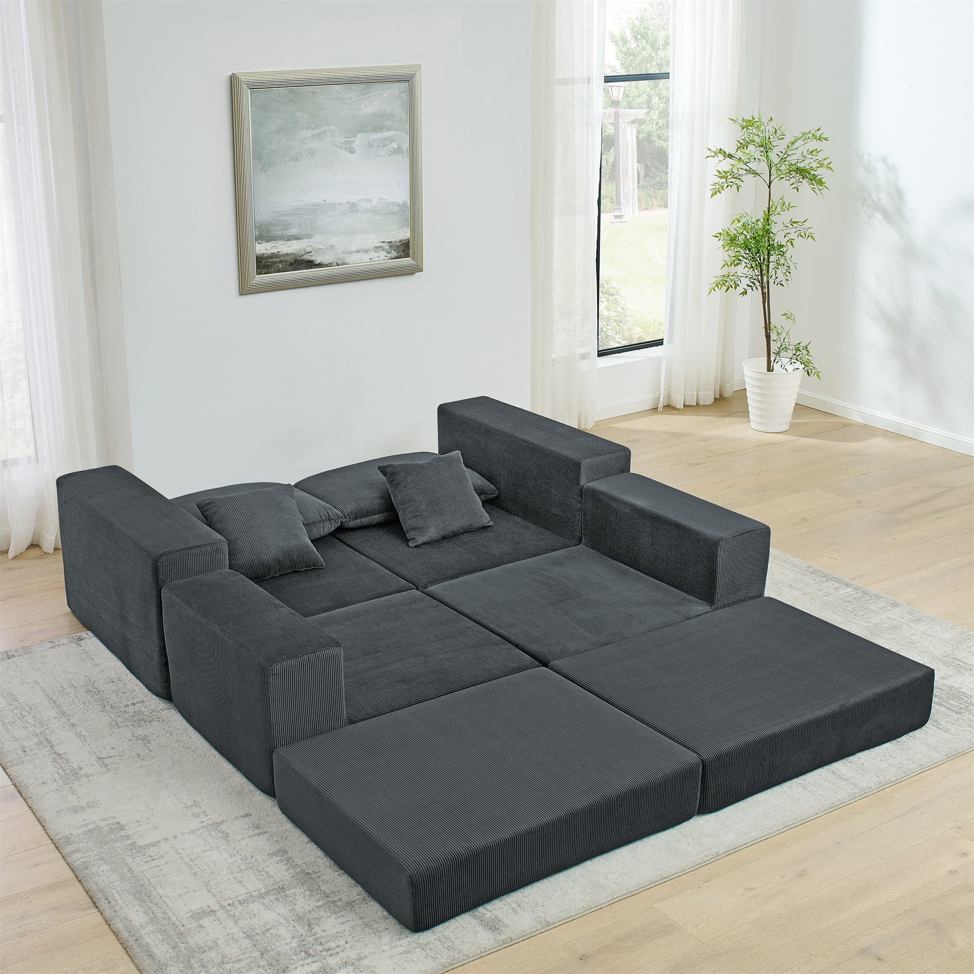 Miniyam Corduroy Modular Sofa, Cloud Couch Deep Seat Sectional with Pillows and Ottoman, No Assembly Required, Living Room Furniture, Grey