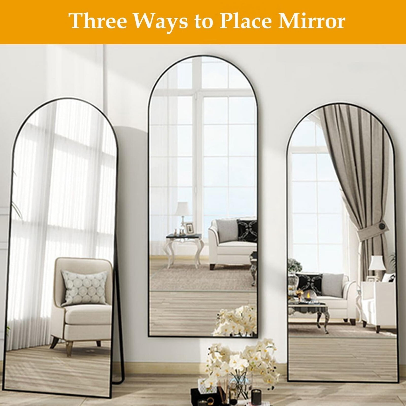 Mirrasia 64"x21.2" Arched Full Length Mirror, Full Body Mirror with stand, Black