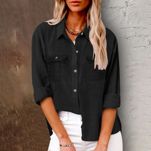 Alkepwun Womens Button Down Shirts Classic Long Sleeve Collared Office Work Blouses Tops Solid Color Cotton Linen Shirts with 2 Pockets