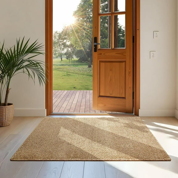Rug for Entryway Door Mat Faux Jute Dirt Trapper Washable Mat Modern Farmhouse Carpet, Brown