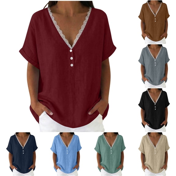 SROBPTY Womens T-Shirts Solid V Neck Short Sleeve Lace Loose Breathable Summer Tops for Casual Wear