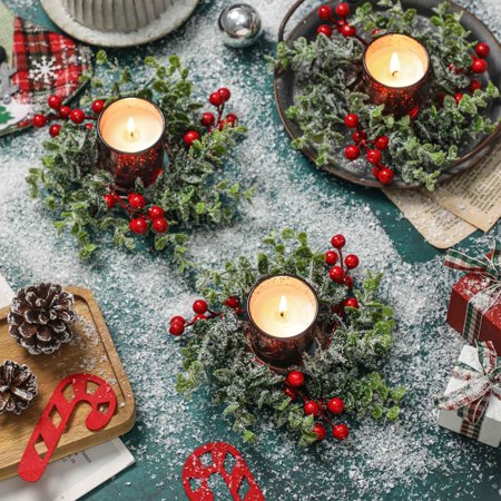 SHILIU-Red Berry Xmas Candle Rings Wreaths with Candle Holders - 4 Pcs Christmas Centerpieces for Table Home Decor