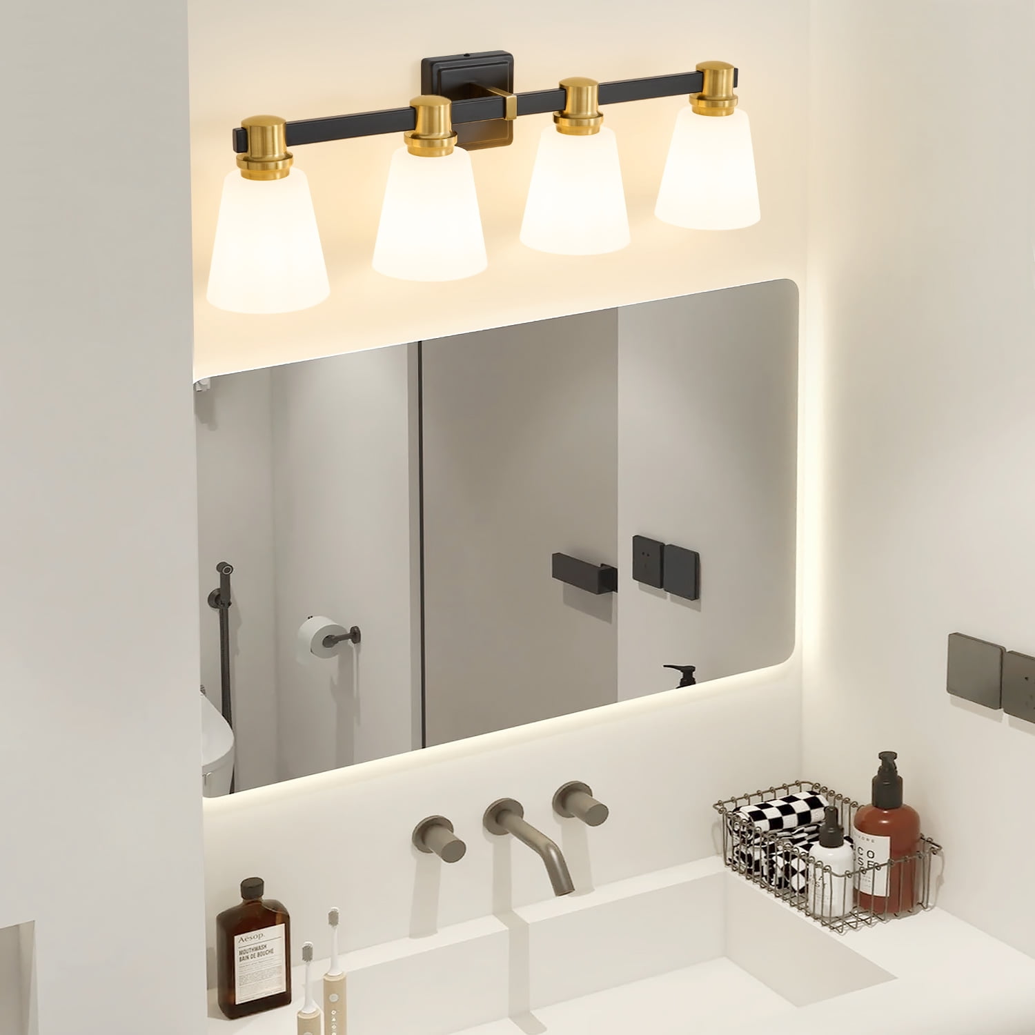 Deyidn 30" 4-Light Vanity Light, Black Gold Dimmable Bathroom Light Fixture with Milk White Cone Shades for Modern Farmhouse