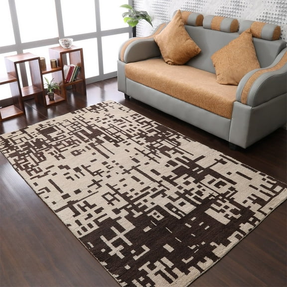 HAND KNOTTED WOOL CONTEMPORARY MODERN AREA RUGS - 6'x9', Rectangle Shape, Beige Brown Color, Classic Traditional Design, Low Pile Handmade Area Rugs for Living Room, Bed Room (N01115)