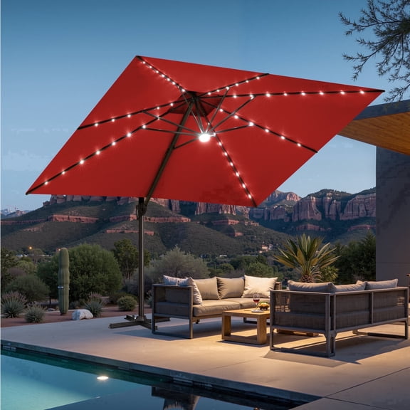 Crestlive Products Square Solar LED Cantilever Umbrella, 11FT, Windproof Double Top, 360-degree Rotating, Red