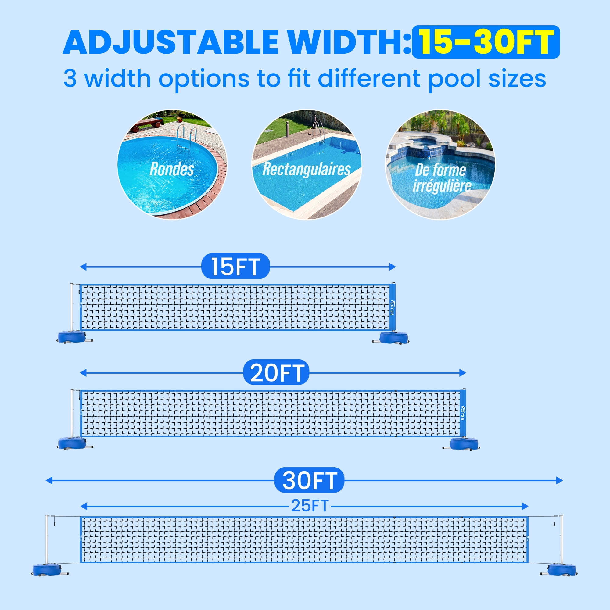 PATIASSY Pool Volleyball Net Set for Swimming Pool, Adjustable 15–30FT with Stable Weighted Base, Easy Setup Outdoor Pool Game for Family & Party Fun