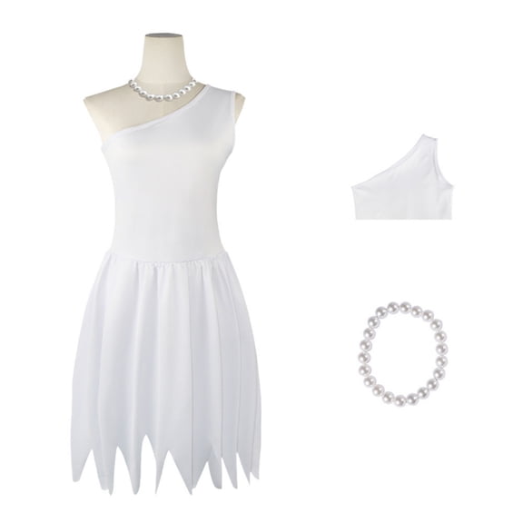 Women Cosplay Costume One Shoulder White Dress with Pearl Necklace for Halloween Party Role Play Show Prehistoric Theme Outfit Stone Age Dress