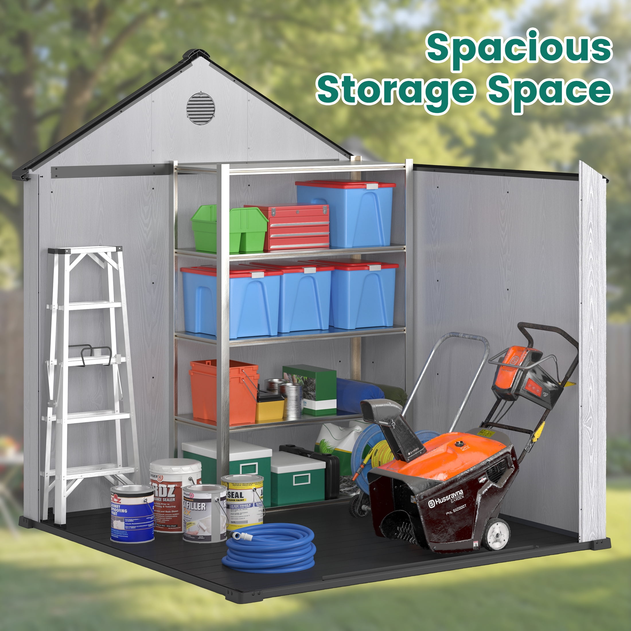 Enyopro 8×8 FT Storage Shed, Large Walk-in Outdoor Storage Shed, Heavy-Duty Resin Shed with Lockable Double Doors, Reinforced Roof, Windows & Floor, Weatherproof Garden Shed for Backyard Patio, Gray
