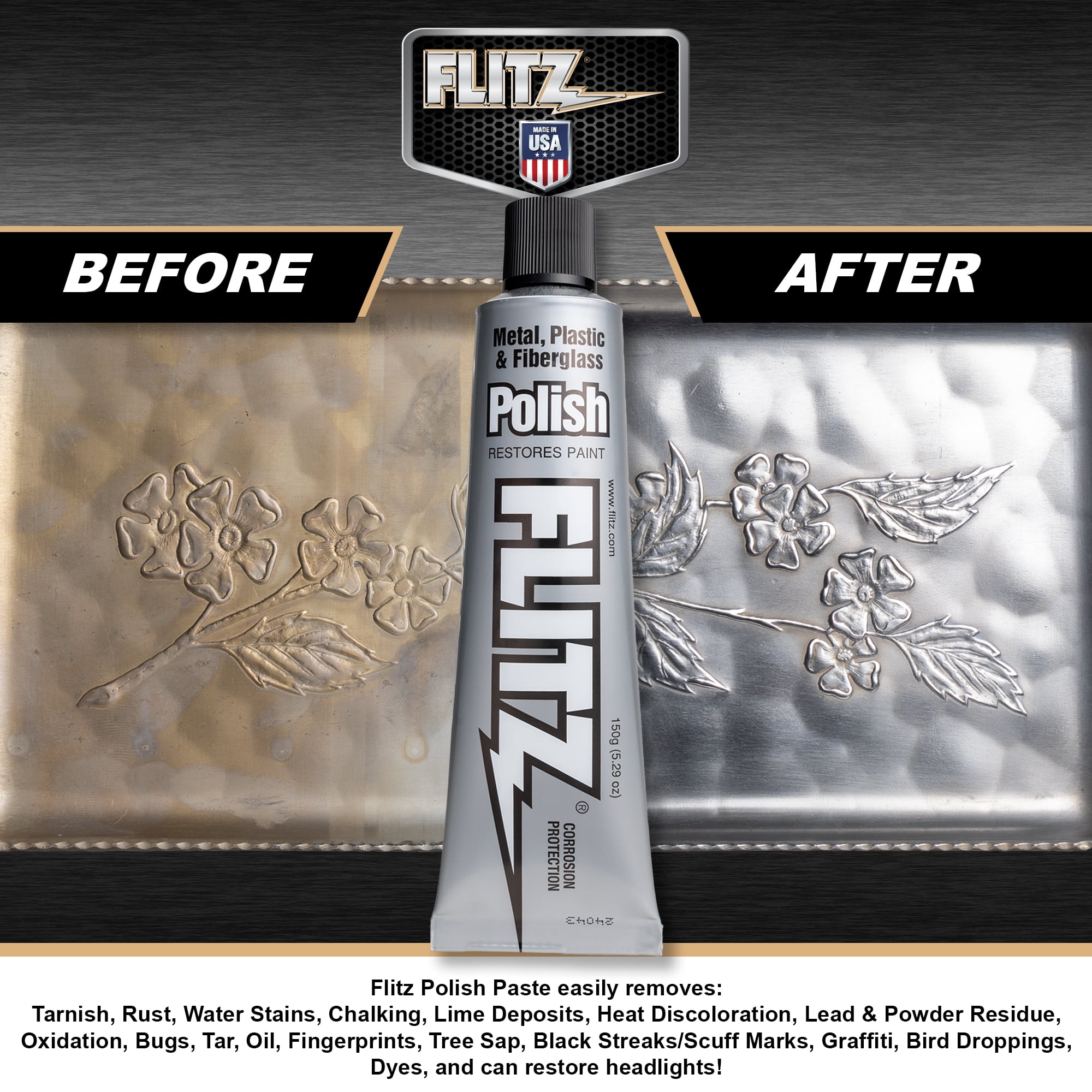 Flitz Metal Polish Paste - Multi-Purpose Cleaner and Polish for Aluminum, Brass, Copper, Chrome, Stainless Steel, Silver, Fiberglass and Plastic, 5.29 oz