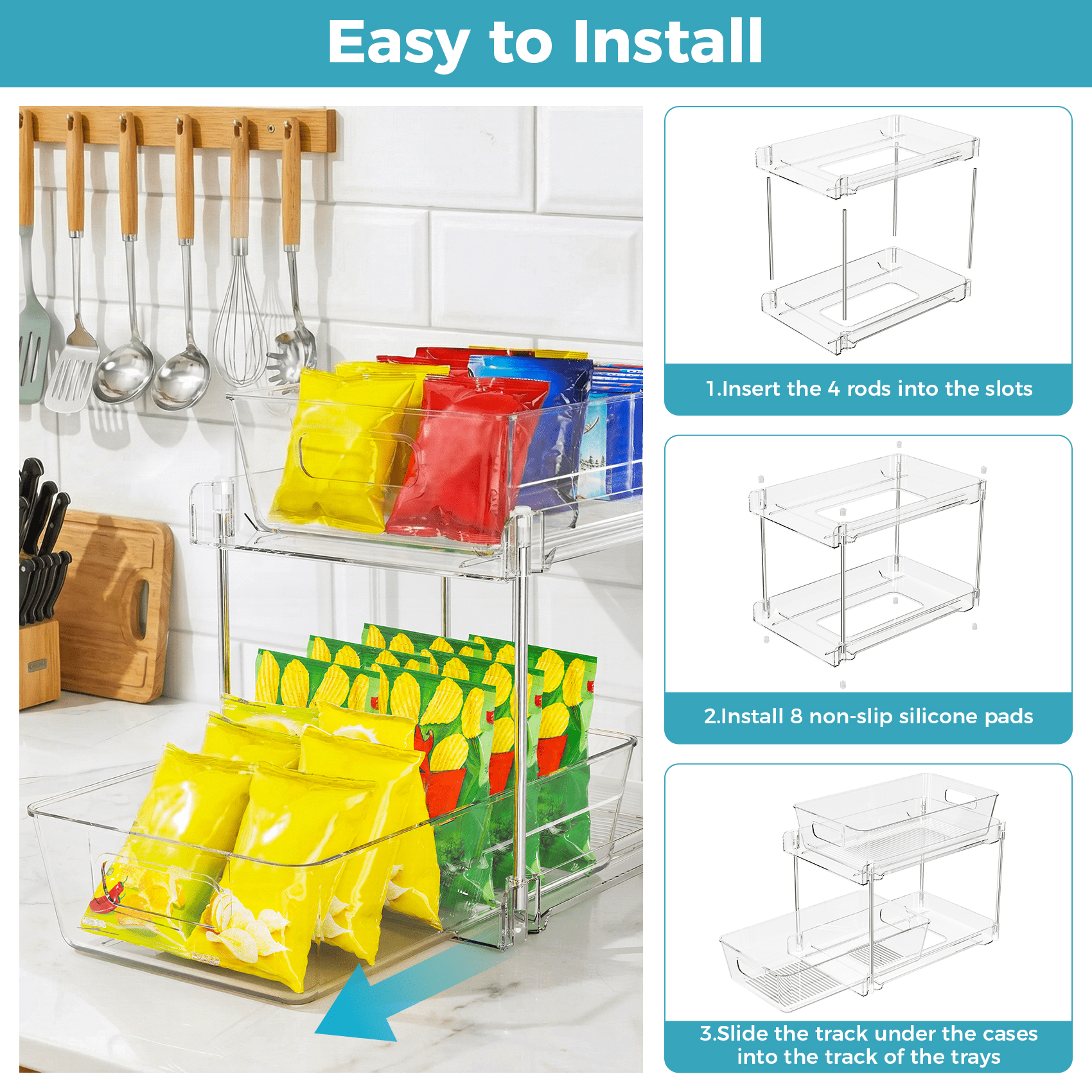 4 Pack Clear Pull Out Under Sink Organizer and Storage Bins, 2-Tier Sliding Cabinet Drawer Container for Kitchen, Bathroom and Pantry Organization