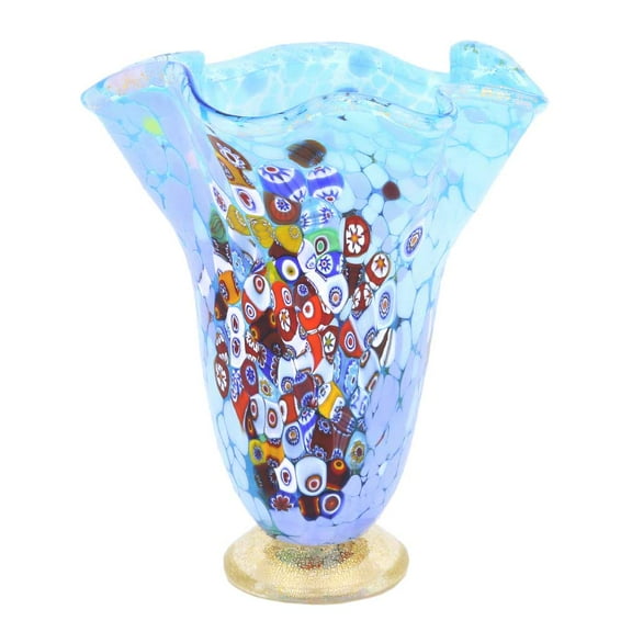 GlassOfVenice Murano Glass Millefiori Fazzoletto Vase - Aqua Blue