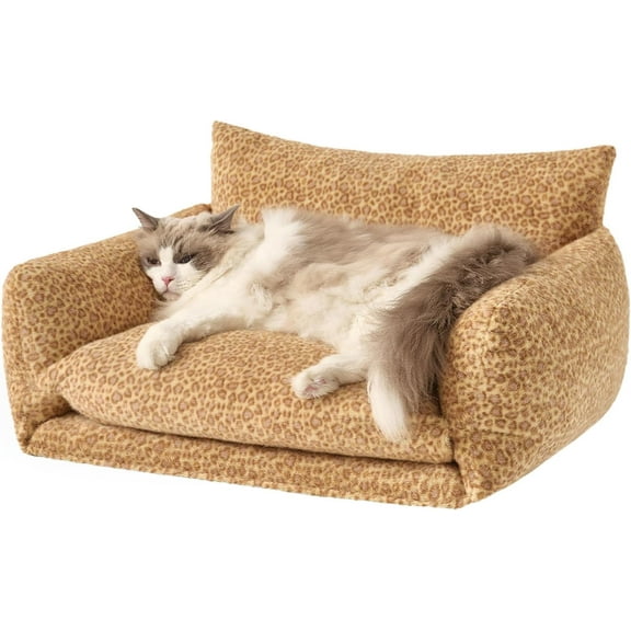 Cat Bed Fluffy Plush Mutifuctional Double-Layer Soft Pet Couch Orthopedic Sofa Nest Beds for Small Cats and Dogs, Yellow Leopard (25x20x13 inch)