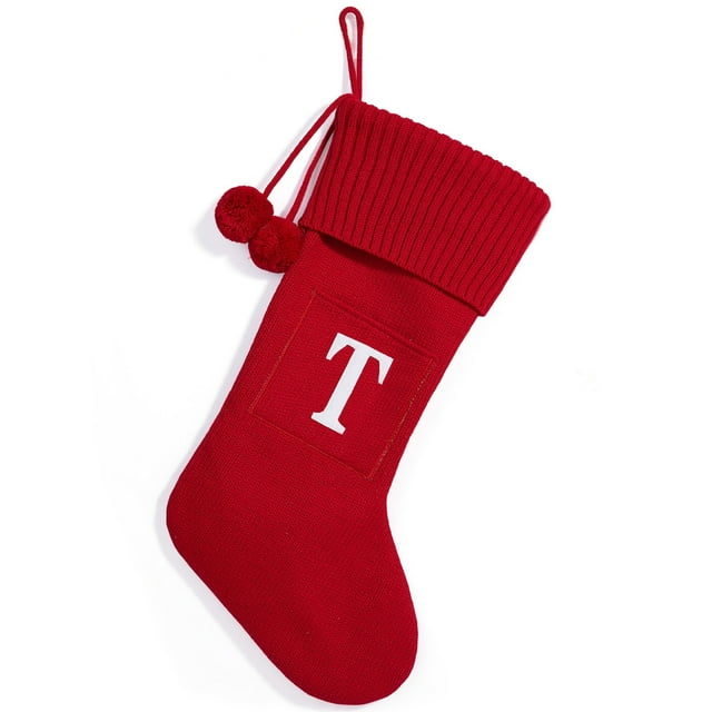 Bas de Noël Tricoté avec Lettre de l'Alphabet Personnalisée Initiale Rouge pour la Maison
