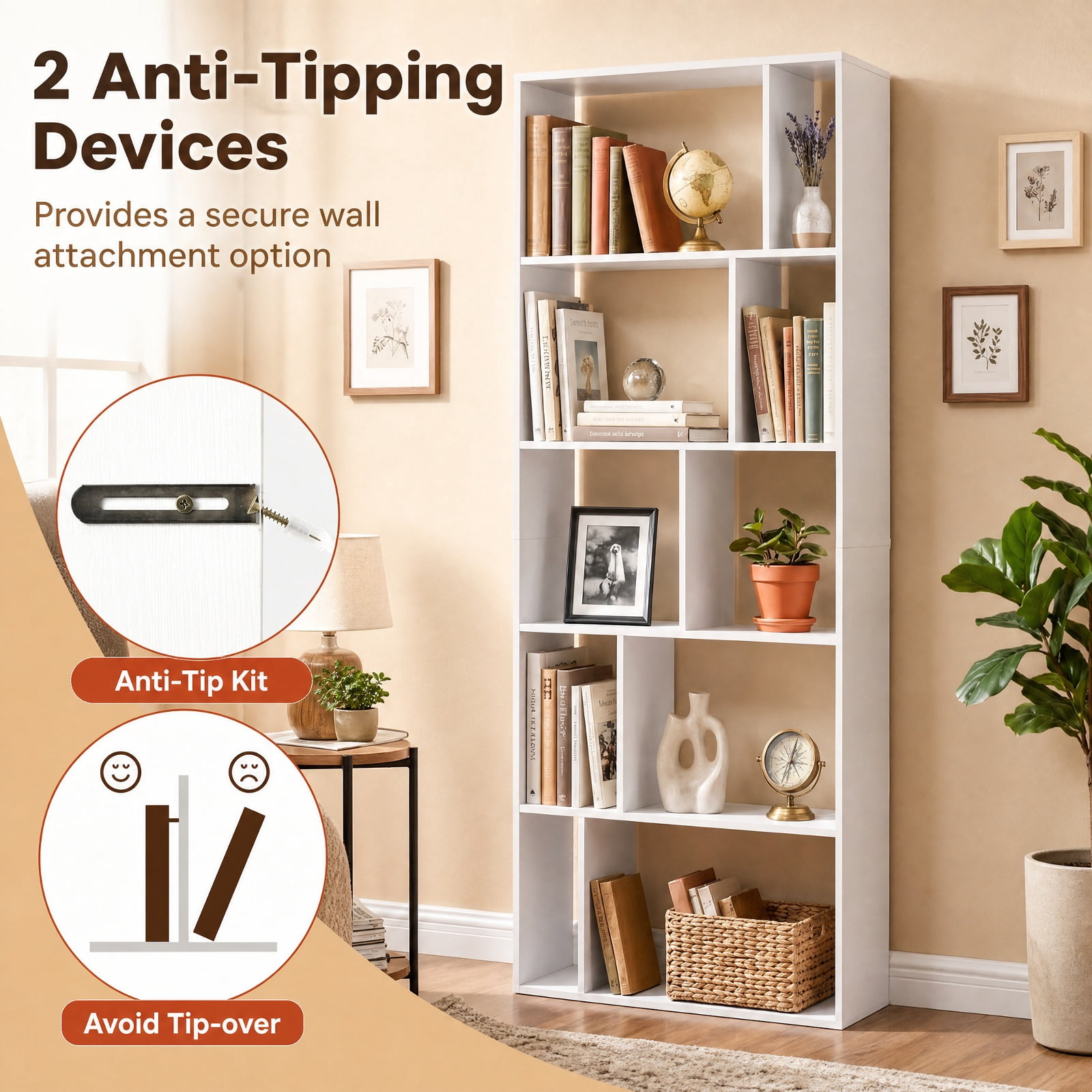 Furnibear 5-Tier Modern Bookshelf with Open Back and 2 Anti-Tipping Kits for Living Room Home Office Bedroom Display Storage Shelf, White