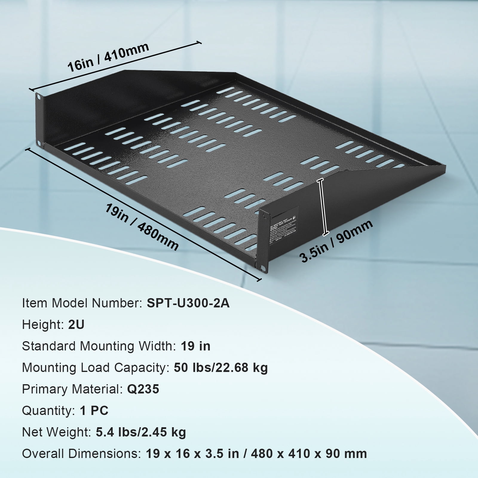KFFKFF 2U Cantilever Server Shelf, 406mm Deep, Supports up to 22.68kg, Ventilated Design for Enhanced Cooling, Suitable for 19"/482.6mm Data Cabinets
