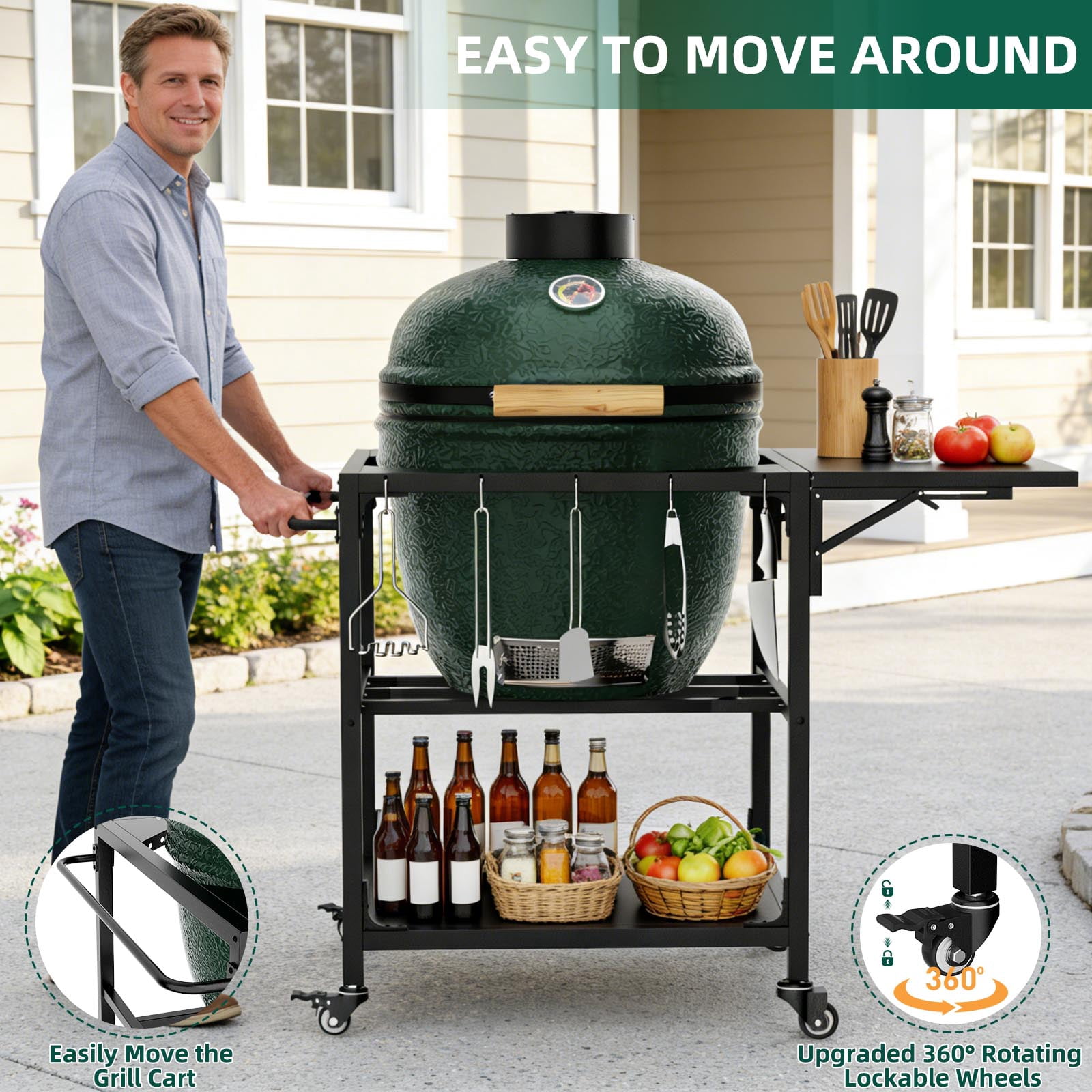 Outdoor Grill Table Compatible with Large Big Green Egg, Heavy Duty Metal Kamado Cart with Wheels, Storage Shelf, Hooks and Removable Central Cover for 21-26 Inch Kamado Style Grill