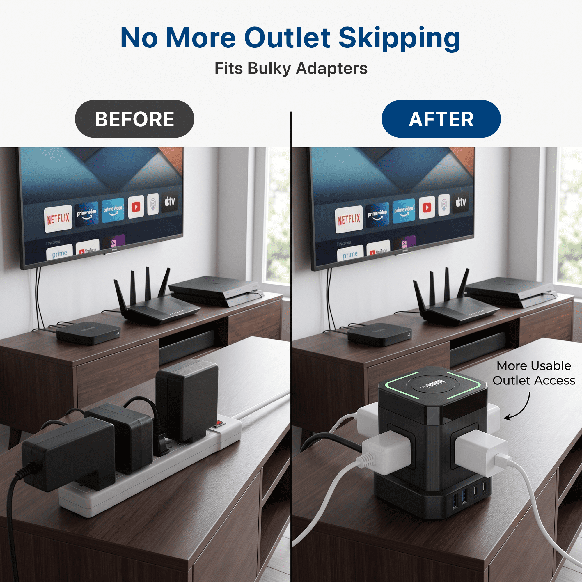 Wireless Cube Power Strip Surge Protector with 15W Qi Charger, 4 AC, 2 USB-C, 2 USB-A, 10 Ft Cord, Black