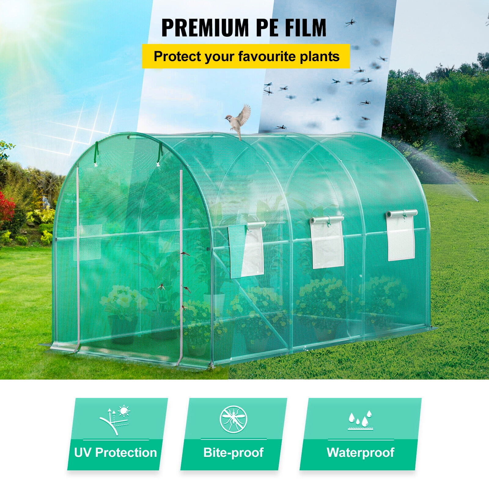 KFFKFF 12 x 7 x 7 ft Walk-in Tunnel Greenhouse, Portable Plant Shelter with Galvanized Steel Hoops, Top Beam, Diagonal Poles, Zippered Door & Roll-up Windows, Green