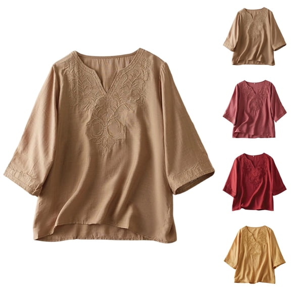 Vintage Elbow Sleeve Tops Women Summer Casual Cotton Linen Lightweight Loose Fit V Neck Embroidery T Shirts