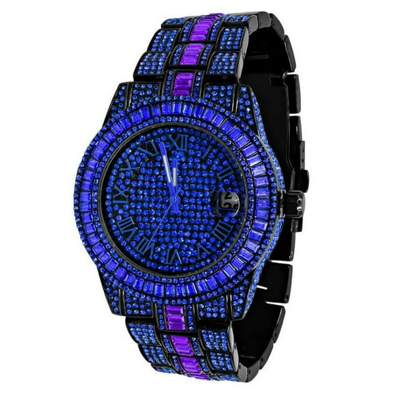 Roman Numberal Dial 18K Black/Blue/Purple Gold Finish Baguette/Round Cut Simulated Diamond 5 ATM Water Resistant Steel Back Men's Watch W/Date Function 45mm