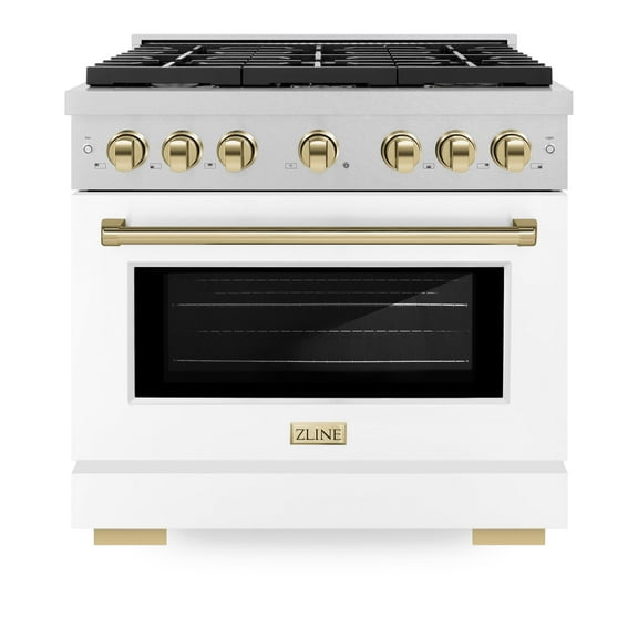 ZLINE Autograph 36" 5.2 cu. ft. Paramount Gas Range with Convection Gas Oven in DuraSnowÂ® Stainless Steel with White Matte Door and Gold Accents, SGRSZ-WM-36-G