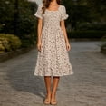 thumbnail image 5 of VBVC Women's Smocked Square Neck Floral Midi Dress , Ladies' Short Puff Sleeve Tiered Dress , Summer Casual A-Line Dress For Women, M-4XL, 5 of 7