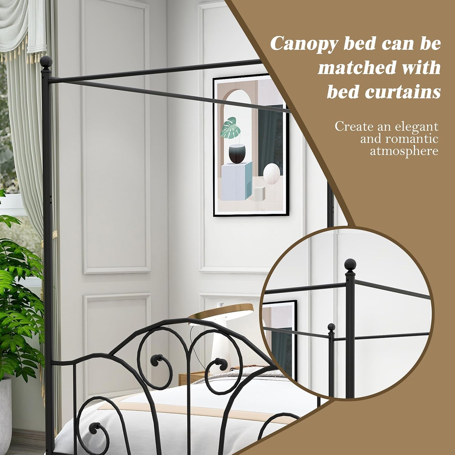 AUFANK Vintage Four Post Metal Canopy Bed Frame, Queen Size, Black