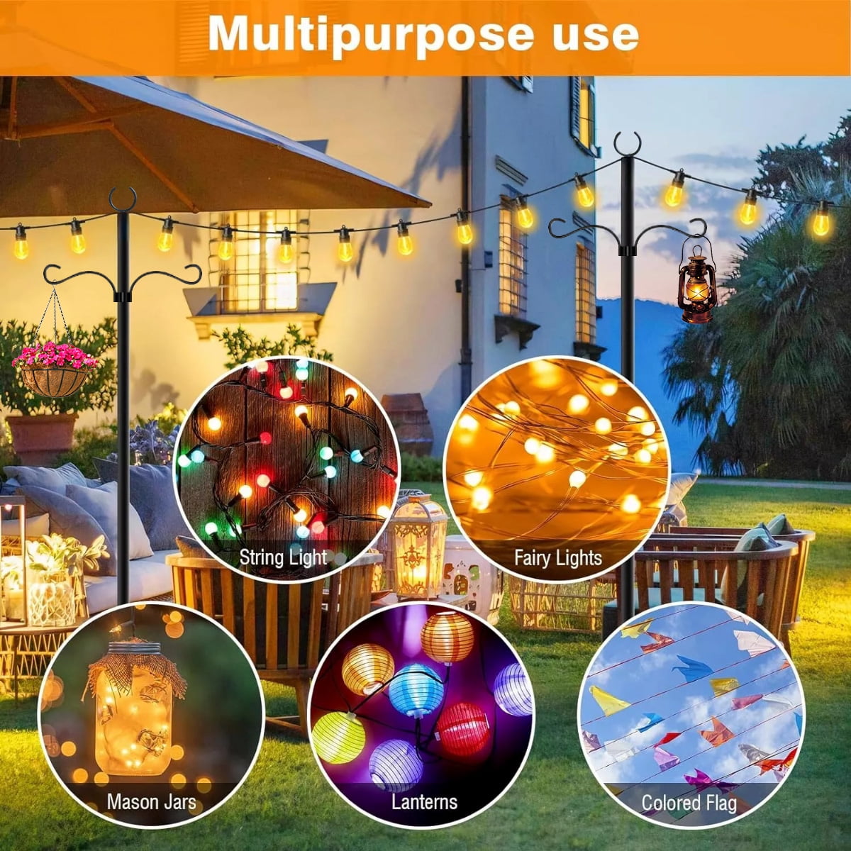 String Light Poles, 11.81 FT Metal Patio Poles with Hook , Outdoor Lighting Stand for Deck, Backyard, Balcony, Fence, Hanging Basket, Lantern, Bird Feeder-1Pack