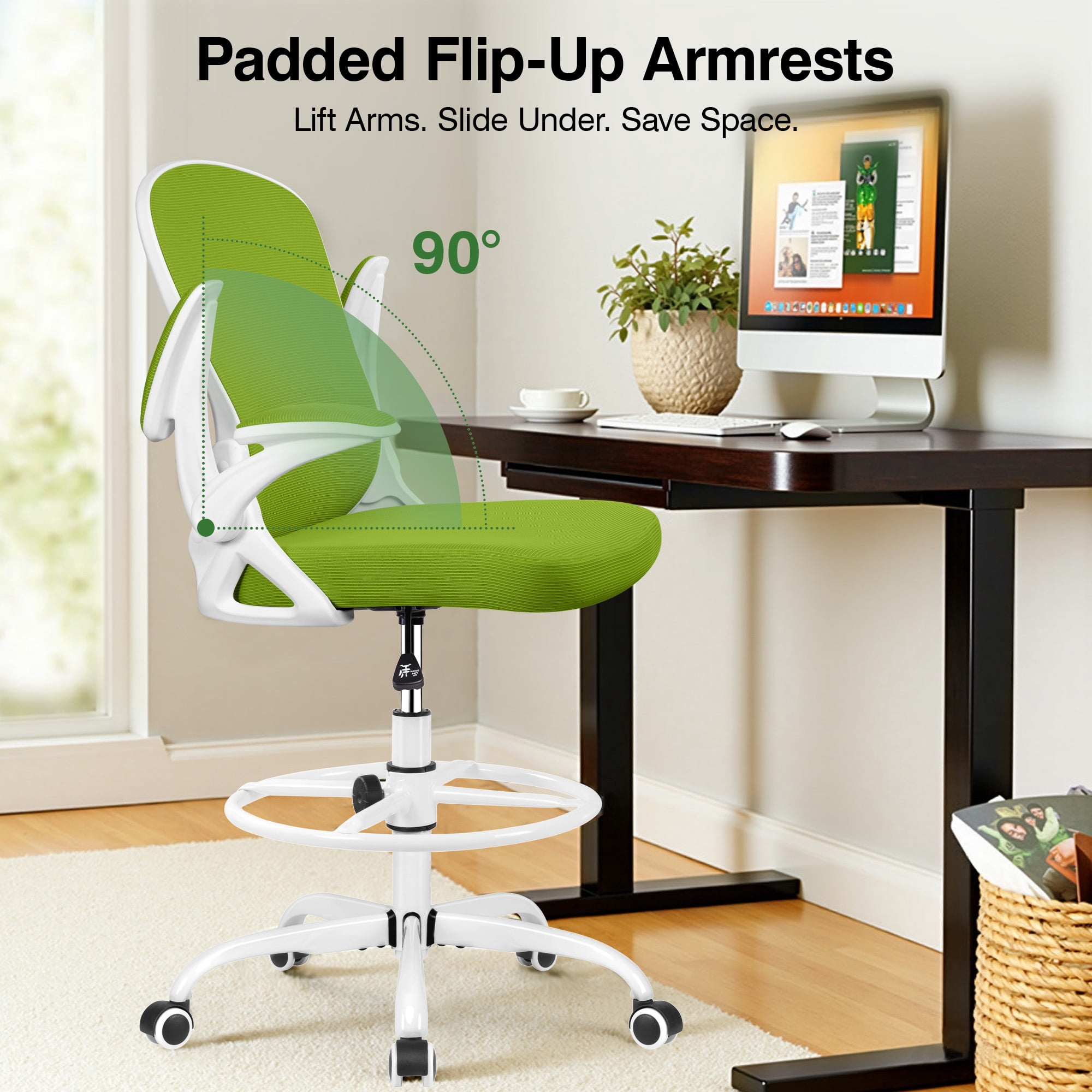 ATHOPE Ergonomic Office Chair, Mesh Desk Chair with Lumbar Support, Tall Office Chair with Flip-Up Armrests and Footrest Ring, Adjustable Computer Chair for Standing Desk Home Office, Green