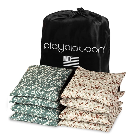 Play Platoon Professional Cornhole Bags - Set of 8 Regulation All Weather Double Sided - Sticky/Slick Side Bean Bags for Pro Corn Hole Game, Slick Duck Canvas & Sticky Suede Side - Army Camo & Desert