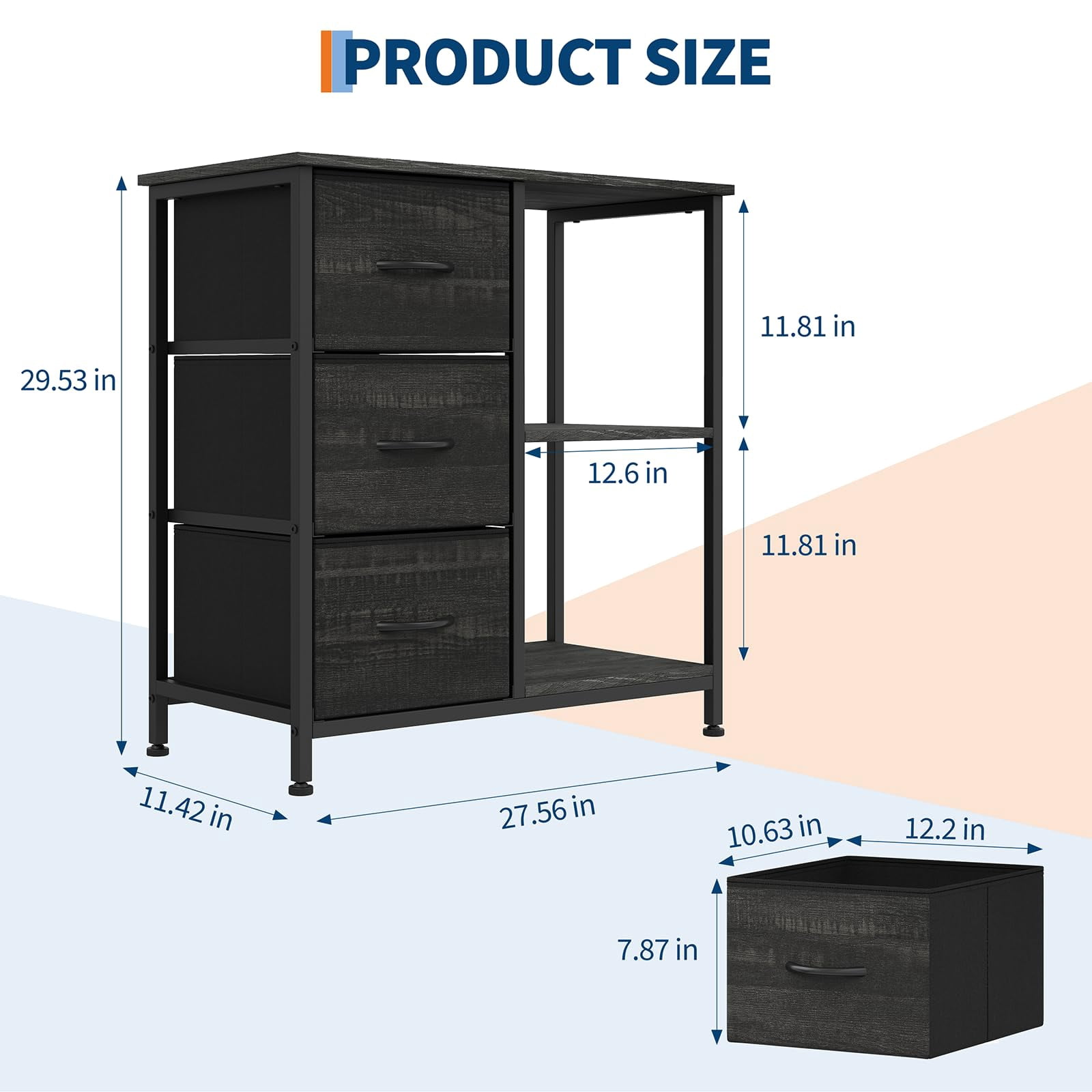 Modern 3 Drawer Fabric File Cabinet with Open Storage Shelves – Under Desk Organizer, Printer Stand, Robust Steel Frame, Multi-Functional Storage Solution for Home Office – Black