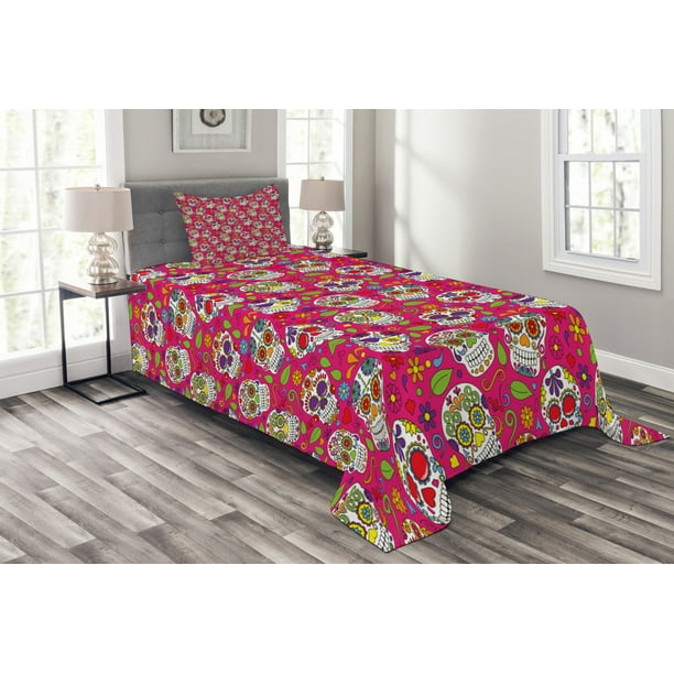 Sugar Skull Bedspread Set Colorful Festive Skulls Leaves Motifs Pirate Cemetery Graveyard Traditional Decorative Quilted Coverlet Set With Pillow Shams Included Multicolor By Ambesonne Walmart Com Walmart Com