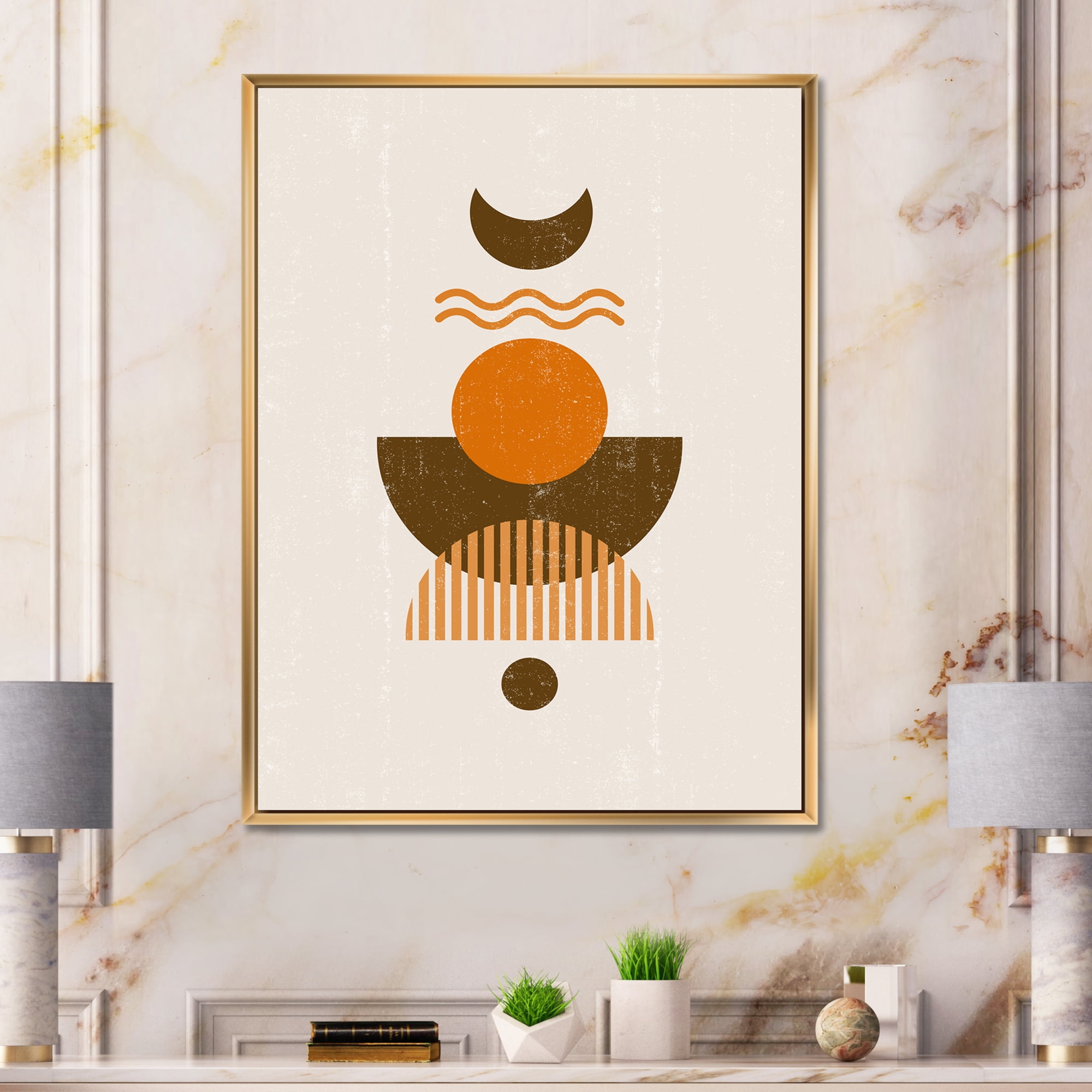 Designart 'Abstract Moon and Sun In Earth Tones' Modern Framed Canvas Wall Art Print