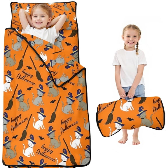 Halloween Cats and Brooms Pattern Toddler Nap Mats for Kids Preschool,50"x20" Sleeping Mat Bag or Kids,Toddler Sleeping Bag,Toddler Nap Mat or Daycare