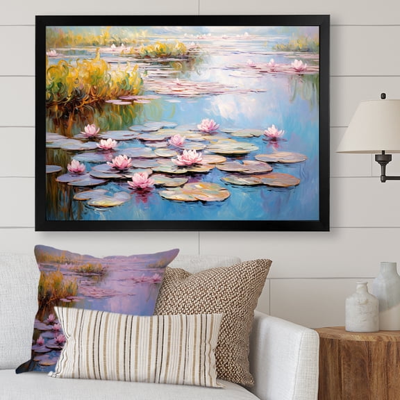 Designart "Monet's Water Lily Pond Reflections in Art III" Cottage Framed Wall Art Decor - Country Green Lake Bedroom Framed Canvas Wall Art