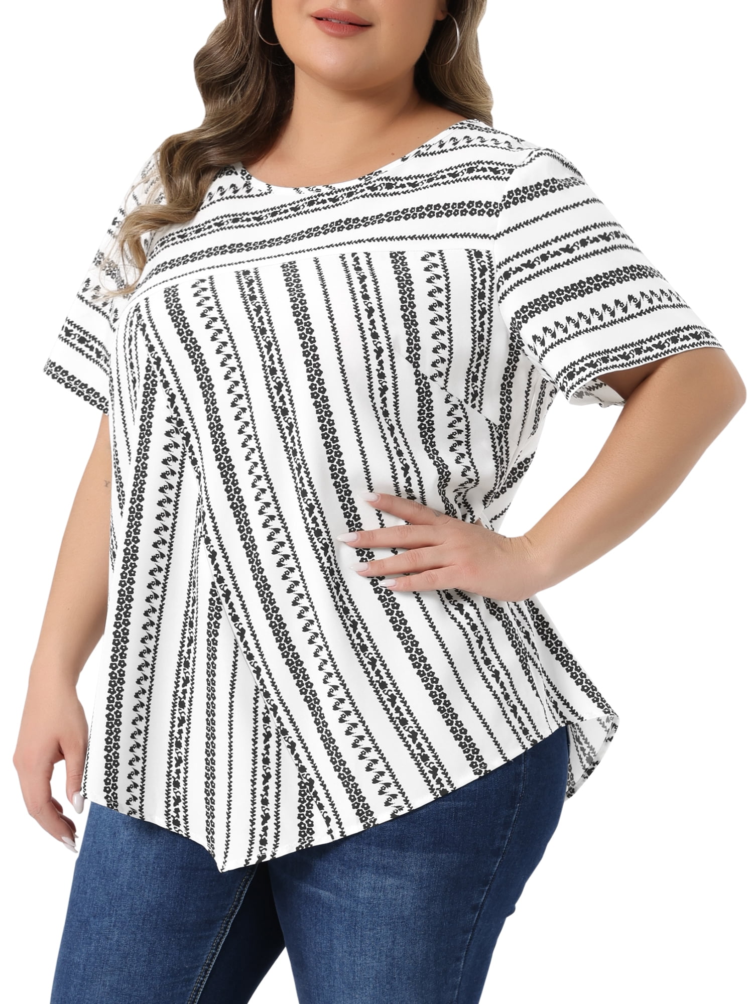 DARING DIVA Women's Plus Crew Neck Short Sleeve Boho Striped Blouse Top 1X White